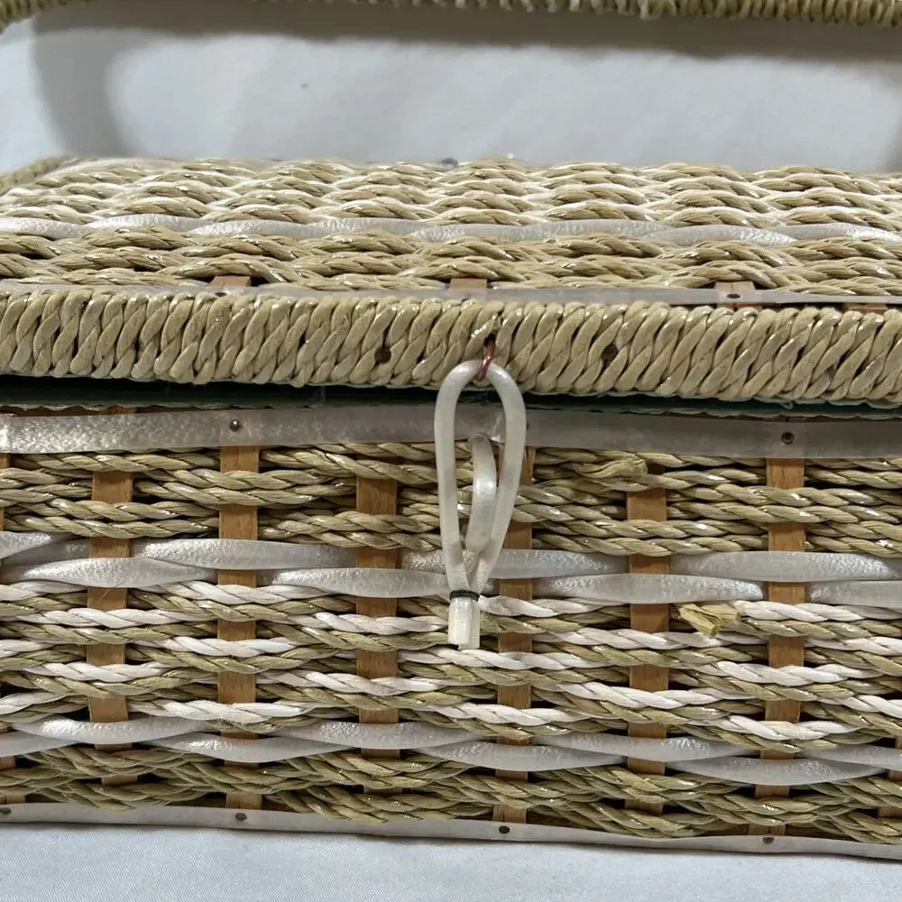 Vintage Woven Straw Wicker Sewing Basket Box Handle Satin Lining Rectangle